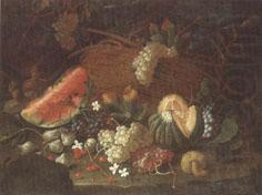 Still life of a watermelon,red and white grapes,figs,cherries,mushrooms,a melon,and a basket with vine-leaves,upon a ledge, unknow artist